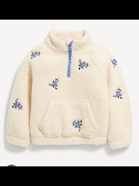 Old Navy Cream Sherpa Half-Zip Hoodie with Blue Floral Embroidery